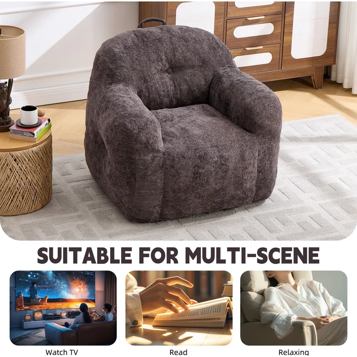 Sitzsack mit Füllung aus Schaumstoffflocken, Kunstfell-Sitzsacksofa mit Armlehnen, für Wohnzimmer, Schlafzimmer und Leseecke, keine Montage erforderlich, Dunkelgrau – 95 x 95 x 79 cm – YOUDENOVA – Bild 6
