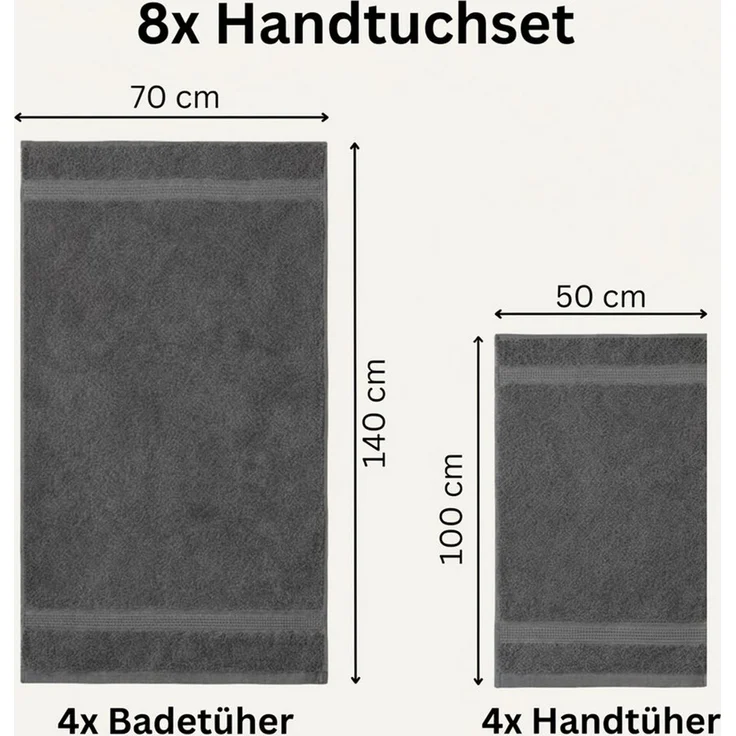 Komfortec 8er Handtuch Set aus 100% Baumwolle, 4 Badetücher 70x140 und 4 Handtücher 50x100 cm, Frottee, Weich, Towel, Groß, Anthrazit Grau – Bild 3