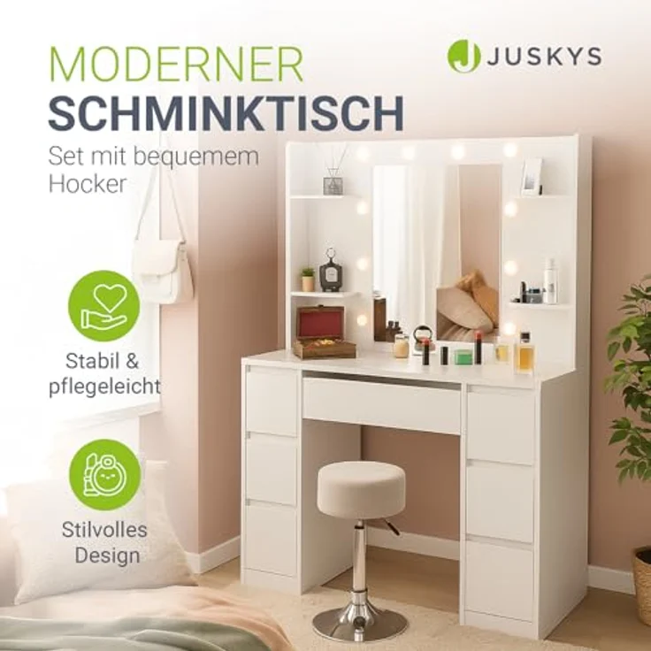 Juskys Schminktisch Malia und Hocker Tonia mit LED-Beleuchtung & Spiegel, 7 Schubladen, stufenlos dimmbar, 3 Farbtemperaturen, Stauraum, elegantes Design – Weiß – Bild 3