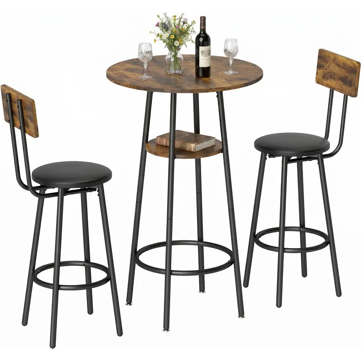 MELAYR, Industrie-Bartisch-Set mit 2 gepolsterten Hockern, Fußstützen, Metallrahmen, 60 x 60 x 91 cm, Rustikal Braun