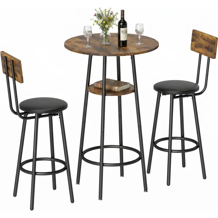 MELAYR, Industrie-Bartisch-Set mit 2 gepolsterten Hockern, Fußstützen, Metallrahmen, 60 x 60 x 91 cm, Rustikal Braun – Bild 1