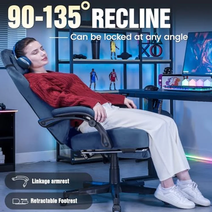 GTPLAYER Gaming-Stuhl, Stoff, Gaming-Stuhl, ergonomisch, Büro, PC, 150 kg, Verstellbarer und drehbarer Tischstuhl mit Feder-Sitzkissen und Fußstütze, Blau – Bild 4