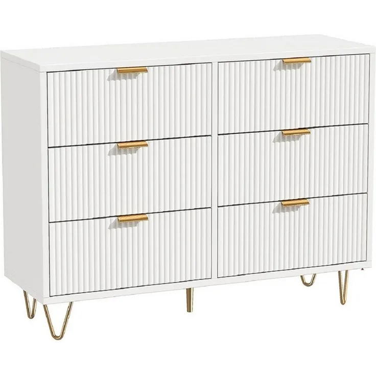 FUROKOY Kommode (Weiß Sideboard Schrank Highboard mit 6 Schubladen und Metallbeinen), Schmal kommode für Schlafzimmer, Wohnzimmer, Flur, 100 x 34 x 73 cm