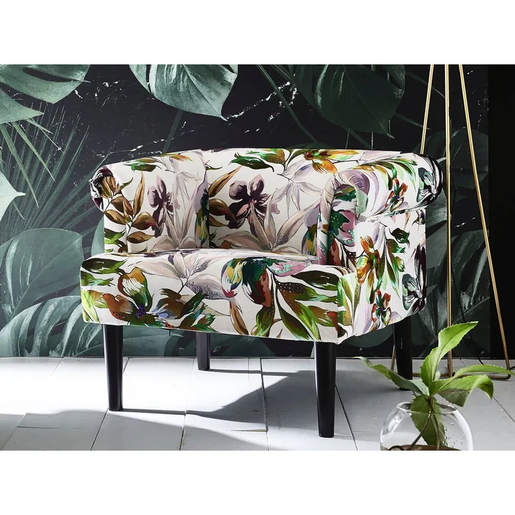 Atlantic Home Collection Charlie Sessel, Armlehnenstuhl mit Massivholzfüßen, Samt, Blumenmuster weiß, 74 x 86 x 70