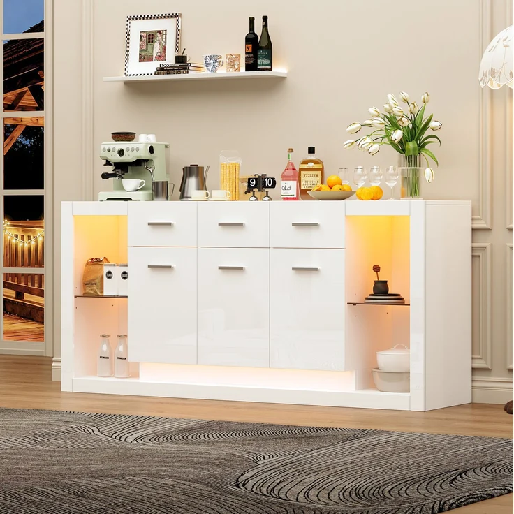 DESVIAE Sideboard mit LED-Beleuchtung und 14 Fächern 160x75x40 cm Spanplatte Weiß – Bild 1