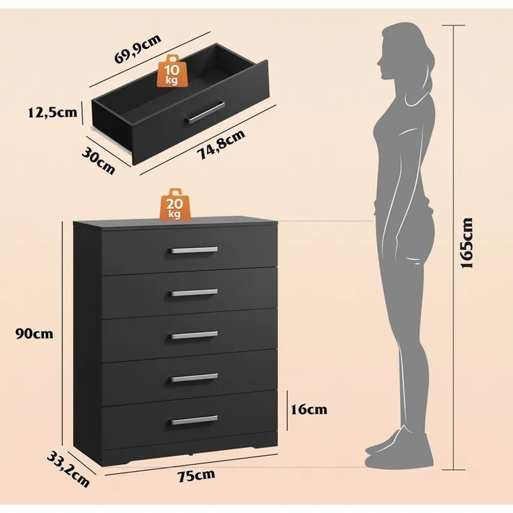 WLIVE Kommode mit 4/5 Schubladen, Moderne Schubladenkommode (Packung, Modernes Sideboard mit 5 Schubladen und 4 Fächern, Breite 75 cm), Vielseitiger Schubladenschrank für Schlafzimmer, Flur & Kinderzimmer
