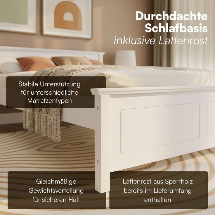 Bellamio 'Medje' Bett 160x200 cm in Kassettenoptik, Kiefer, weiß lackiert, Holzbett im Landhausstil mit Lattenrost, geeignet als Doppelbett – Bild 7