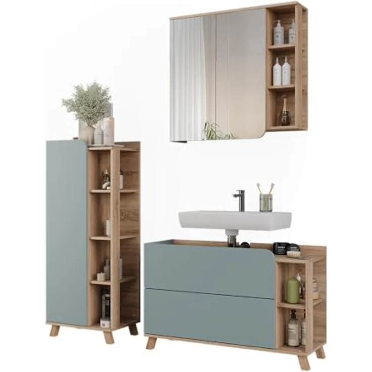 Vichy Badmöbel-Set Karen, Sonoma/Blau, 3-teilig mit elegantem Waschbeckenunterschrank und geräumigem Spiegelschrank – Bild 6