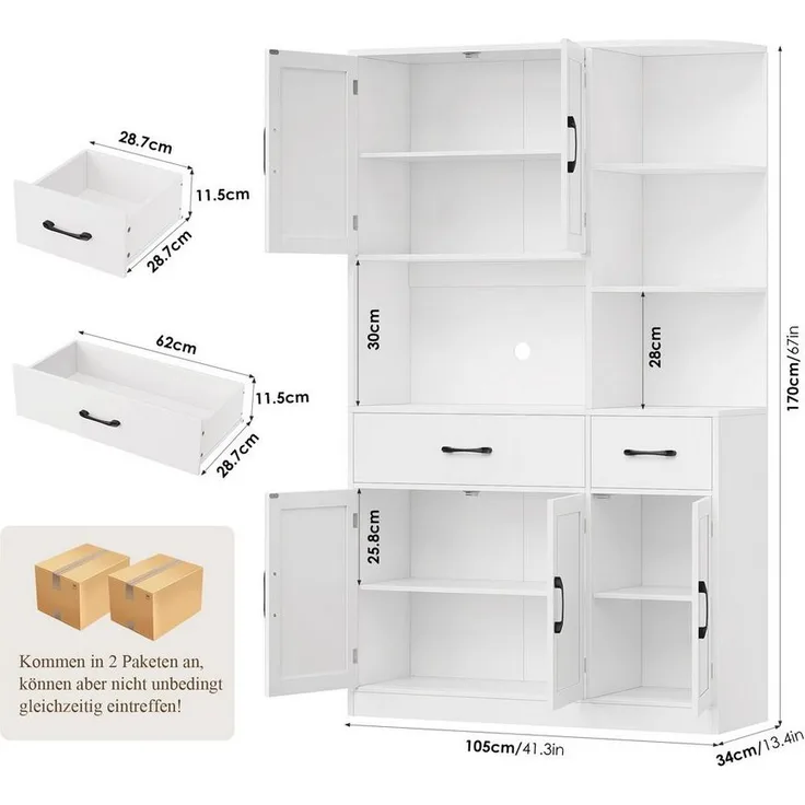 HOMECHO Küchenbuffet 177cm Hohe Buffetschrank Weiß mit 5 Türen und 3 Eckregal