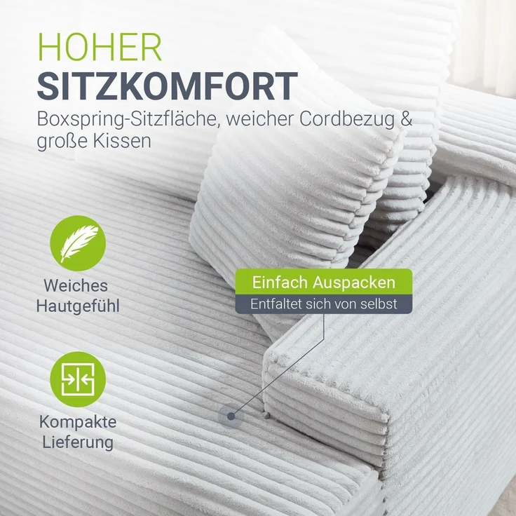 Juskys Sofa Coredo - modernes Cord Sofa mit Ottomane links, gemütliche Couch mit Schaumstoffpolsterung, Cordbezug & Kissen, modular - Hellgrau – Bild 4