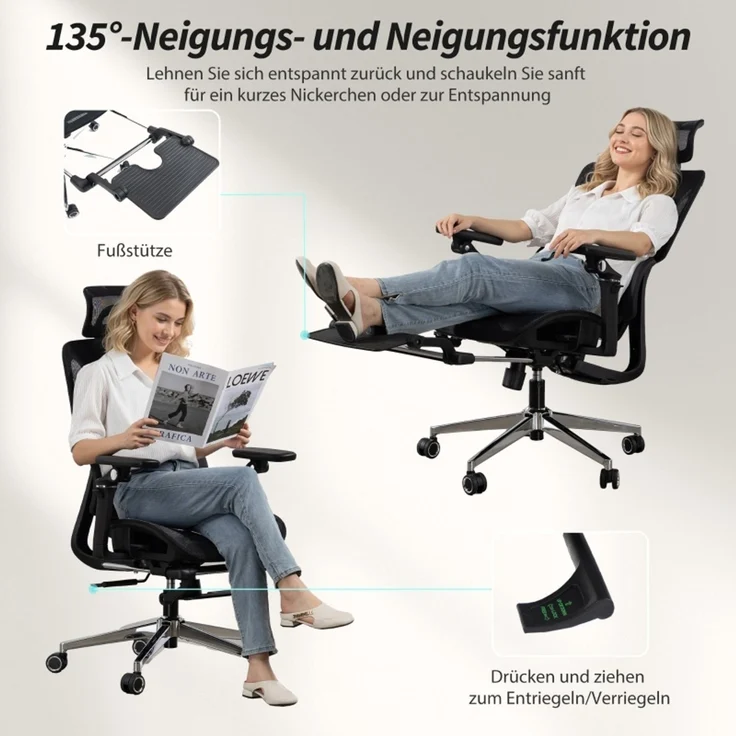 Bürostuhl Ergonomisch Schreibtischstuhl mit verstellbar Lenden- und Kopfstütze 6D-Klapparmlehnen Fußstütze Netz Schwarz--Schwarz--71x67x133cm--YOUDENOVA – Bild 8