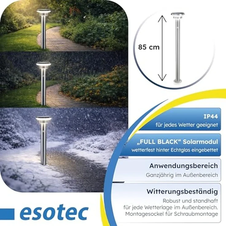 esotec LED Gartenleuchte Solar PIR Standleuchte Tini, H=85cm, 40 LEDs, Edelstahl, außen 102897, Bewegungssensor, 3 unterschiedliche Betriebsmodi, automatisches Einschalten bei Dämmerung, LED fest integriert, tageslichtweiß – Bild 6