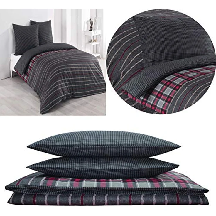 Buymax Bettwäsche Bettbezug Set, Renforcé, 3 teilig, 200x220 cm 100% Baumwolle Reißverschluss gestreift Antrazit Grau Rot – Bild 3