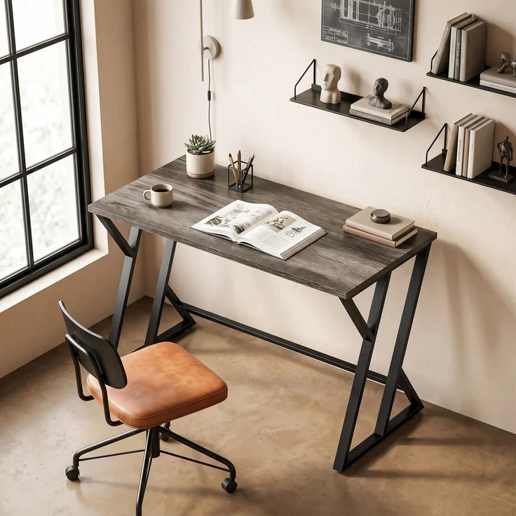 MELAYR, Schreibtisch Computertisch 120x60cm Bürotisch mit Z-förmigem Metallfuß, Holzoptik, Grau – Bild 4