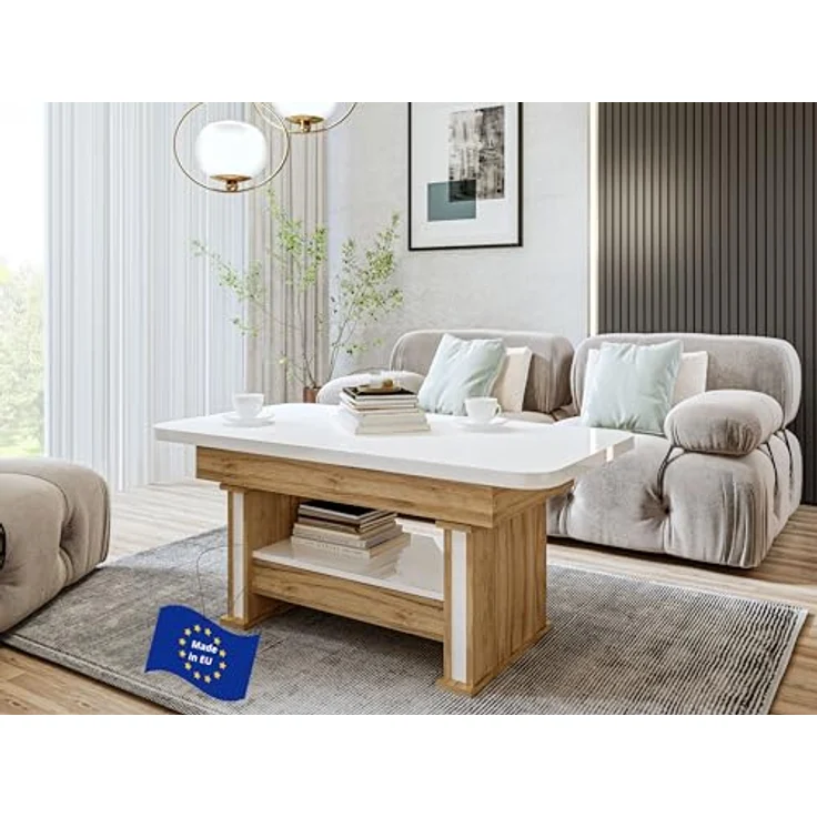 designimpex Couchtisch Design DA-555 Schublade höhenverstellbar ausziehbar Tisch abgerundet – Bild 2