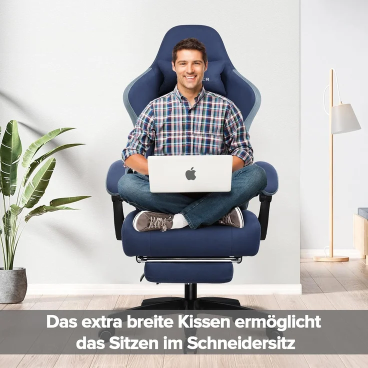 GTPLAYER Gaming Stuhl Ergonomischer Gaming Sessel Schreibtischstuhl mit Stoffoberfläche, Federsitzkissen, Verbindungsarmlehnen und Fußstütze blau – Bild 5