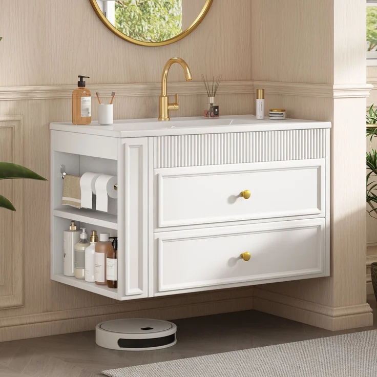 Waschtischunterschrank 81x47x52 cm, wandhängend, mit Keramikwaschbecken und 2 Schubladen, Weiß – Bild 1