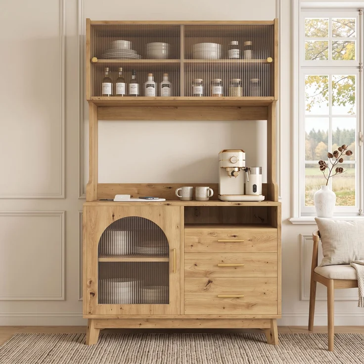 Buffetschränke, Esszimmer-Hochschrank 100.5*40*178 cm, mehrstufigem Stauraum, integrierter Steckdose sowie USB-C- und USB-A-Anschlüssen, Holzfarbe--Holz--100.5x40x178cm--YOUDENOVA – Bild 4