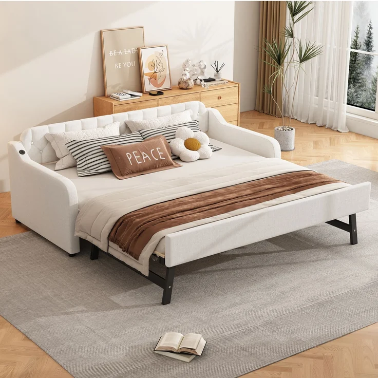Schlafsofa 90x200 cm Tagesbett ausziehbar mit Rollbett,USB-Anschluss,mit Schlafgelegenheit, multifunktionales Gästebett,Beige – Bild 2