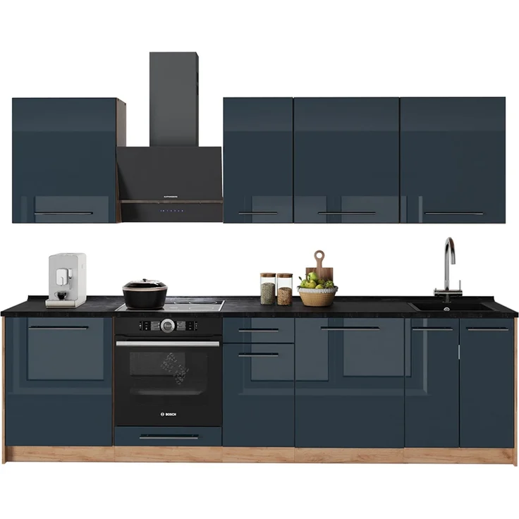 Küchenzeile Fame-Line Dunkelblau Hochglanz/Goldkraft Eiche 280 cm, AP Marmor Vicco – Bild 6