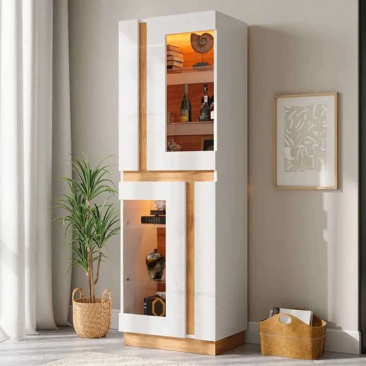 Merax Standvitrine mit LED-Beleuchtung inkl. APP, Vitrinenschrank Wohnzimmerschrank (1-St, Aufbewahrungsschrank Hochschrank) Vitrine mit 2 Glastüren, Glasböden & Stauraum, 60x40x180 cm