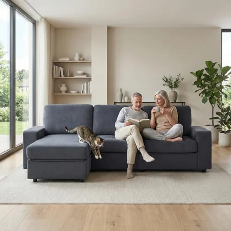Ball & Cast Ecksofa Klein mit Stauraum, Moderne L-förmige und Umkehrbare Couch für Wohnzimmer, Schlafzimmer & Wohnung, Dunkelgrau – Bild 3