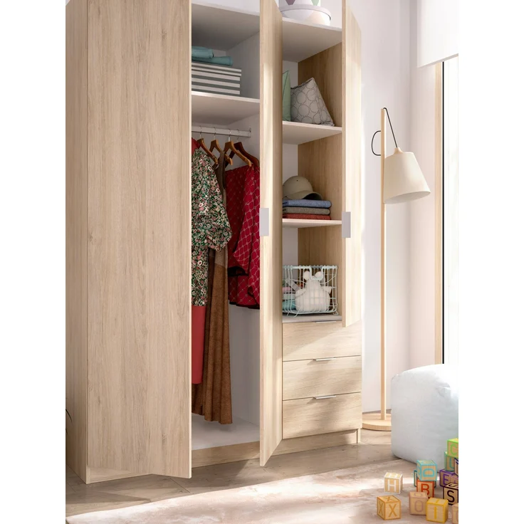 Dmora Kleiderschrank 3 Türen Astru, Kleiderbügel für Schlafzimmer, 3-Schubladen-Kleiderschrank, 121x52h184 cm, Eiche – Bild 4