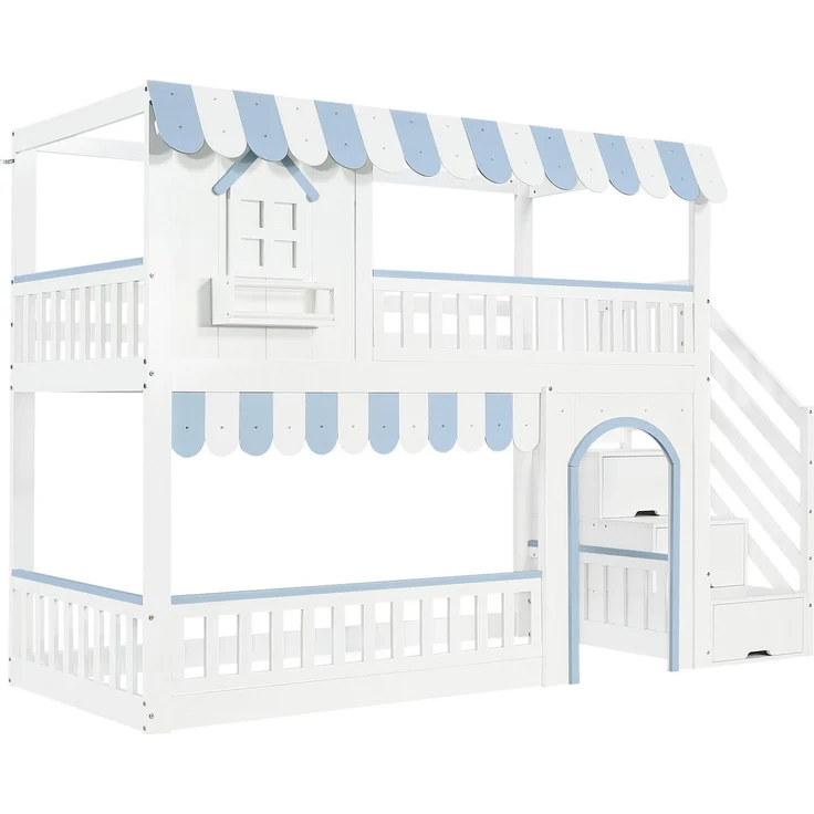 Etagenbett mit Regal, Schrank, Lattenrost, Tür und Treppe, 90x200cm, Kinderbett mit Rausfallschutz, Hochbett, Kiefer – Bild 9