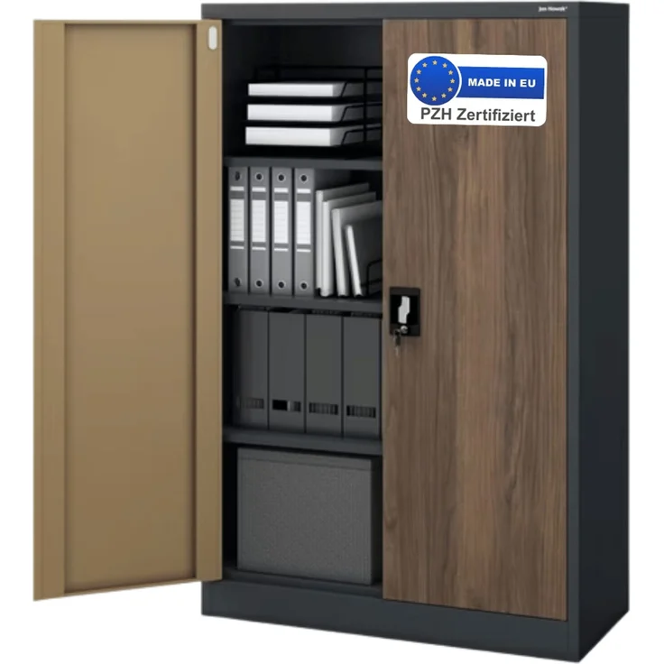 Aktenschrank abschließbar KADO - 4 Ebenen verstellbar, Flügeltüren | Metallschrank Werkstatt Mehrzweckschrank Büroschrank aus Stahl Werkzeugschrank, 140x90x40cm Anthrazit-Nussbaum – Bild 1