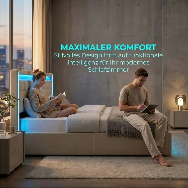 Simurq Polsterbett 180 x 200 cm Doppelbett mit LED Beleuchtung und Ladefunktion (Mit Komforthöhe Lattenrost, Leises Design Bett), Jugendbett 4 Schubladen Stauraumbett, in 2 Größen verfügbar – Bild 3