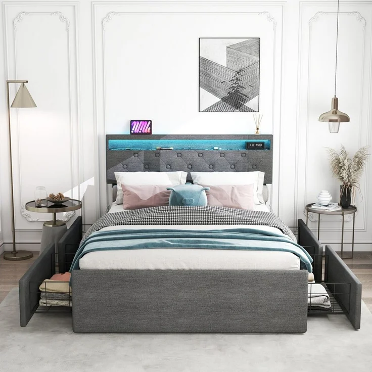 oyajia Polsterbett LED Doppelbett 140x200cm mit Ladefunktion und 4 Schubladen Polsterbett (Modernes Jugendbett, Leises Design Bett, Max. Belastbarkeit 365 kg), 140x200 cm, ausziehbare Bettkästen, LED-Licht, gepolstertes Kopfteil – Bild 3