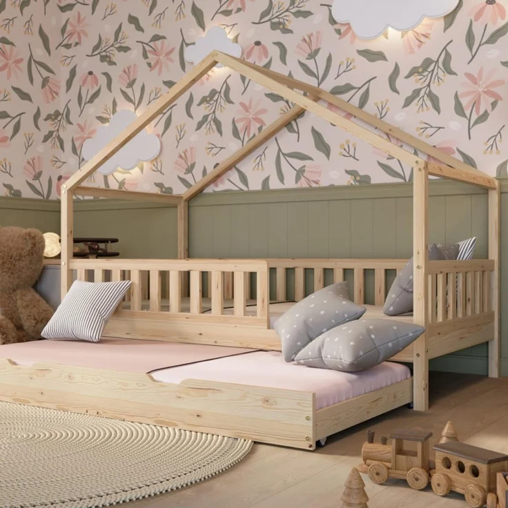 Crazy Pine 'Crazy House' Hausbett mit abnehmbaren Rausfallschutz, Naturholz, Natur, 90x190 cm, mit Ausziehbett – Bild 1