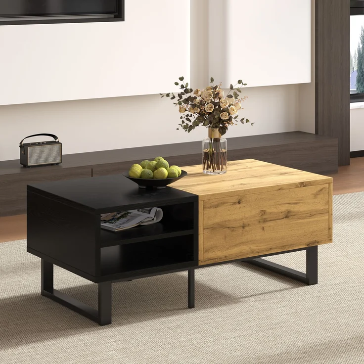LVHOM Couchtisch Holz mit Fächern und Schubladen, Wohnzimmertisch Scandi, Schwarz/Eiche, 100x50x40 cm – Bild 5