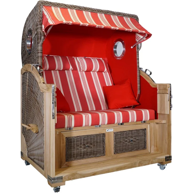 Strandkorb Teak XL rot/creme Multistreifen 2½ Sitzer