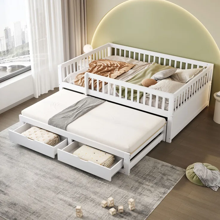 EINHOM Massivholz-Schlafsofa 140 x 200 cm, Vollverkleidetes Sicherheitsgitter, Ausziehbares Bett mit 2 Schubladen Darunter, mit Lattenrost, Kinderbett Jugendbett Gästebett Erwachsene, Weiß (Ohne Matratze)