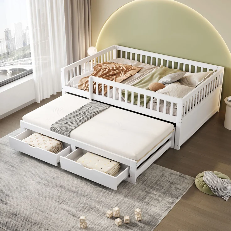EINHOM Massivholz-Schlafsofa 140 x 200 cm, Vollverkleidetes Sicherheitsgitter, Ausziehbares Bett mit 2 Schubladen Darunter, mit Lattenrost, Kinderbett Jugendbett Gästebett Erwachsene, Weiß (Ohne Matratze) – Bild 1