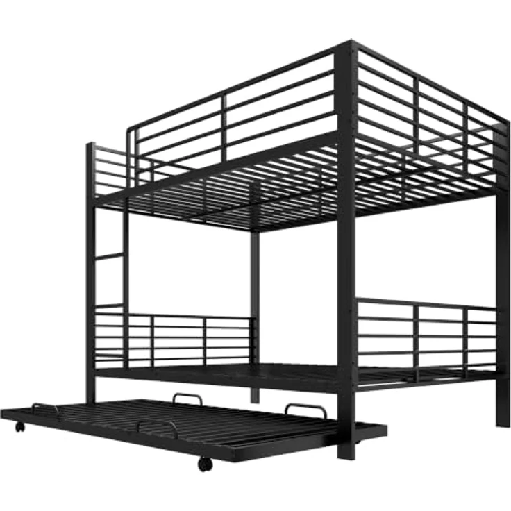 FAVSH Etagenbett 140x200 cm für 3 Personen aus Metall, Hochbett mit Rausfallschutz und Leiter, Geräuscharmes Doppelbett, rutschfest, für Jugendliche und Erwachsene, WG & Ferienwohnung, Schwarz B – Bild 6