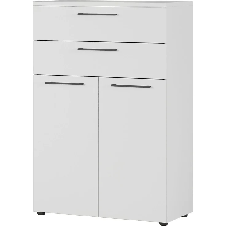 bümö Andratx Mehrzweckschrank 80cm breit, Büroschrank mit 2 Schubladen, Aktenschrank klein, Schrank mit Regal, Kommode in grau aus Holz, Sideboard mit Metallgriffen, AXAS2OH2S-69