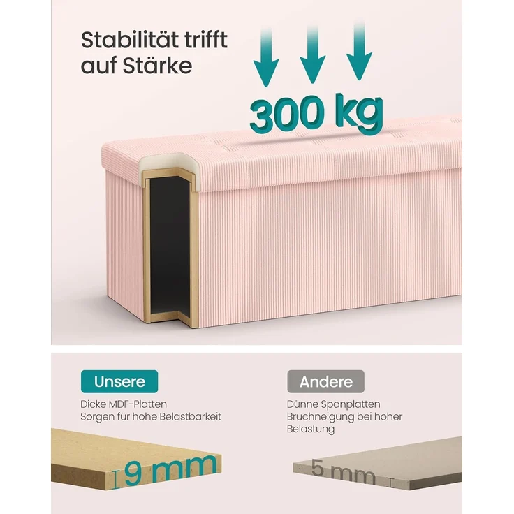 SONGMICS Sitzhocker mit Stauraum, klappbare Sitzbank, 38 x 110 x 38 cm Fußbank, Bettbank, Aufbewahrungsbox, bis 300 kg belastbar, Wohnzimmer, Schlafzimmer, Eingangsbereich, pastellrosa – Bild 5