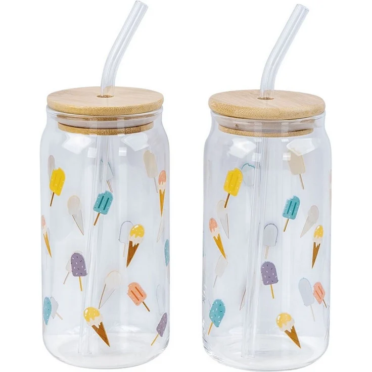 Levandeo® Glas, 2er Set Trinkglas 500ml Eis am Stiel Glas-Strohhalm Deckel – Bild 2