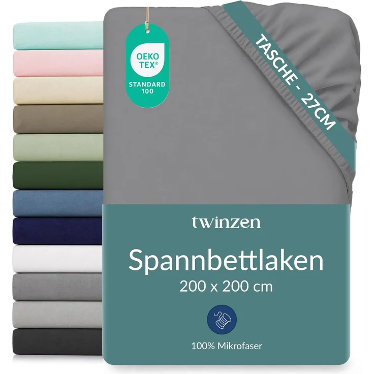 Twinzen Spannbettlaken Mikrofaser 200x200 Anthrazit Steghöhe 25 cm