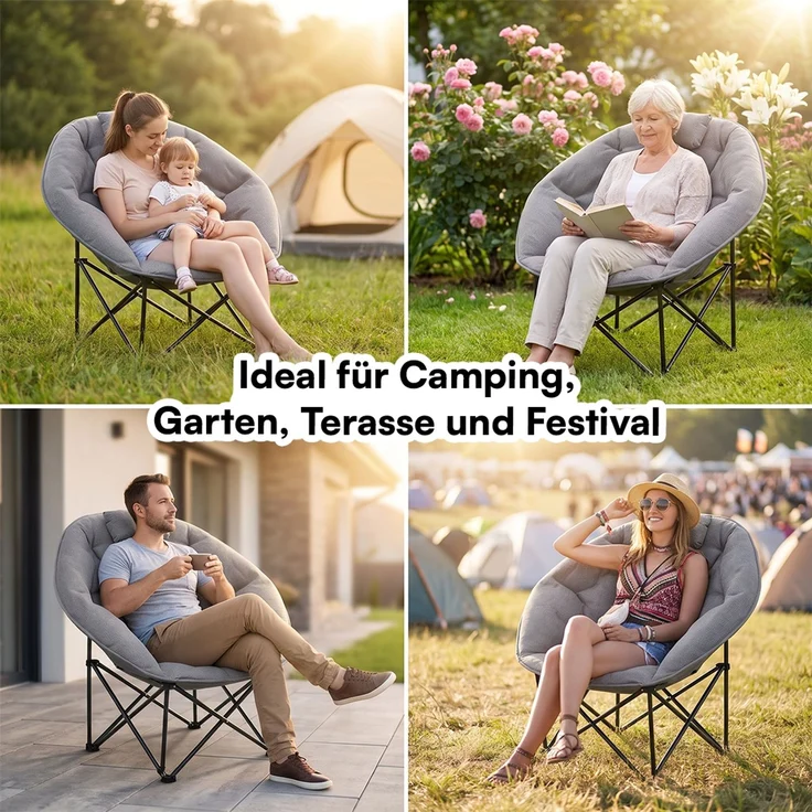 STEELSØN 'Hoggar' Moonchair faltbar, gepolsterter Campingstuhl grau, bis 150 kg, mit Kopfkissen und Tragetasche – Bild 11