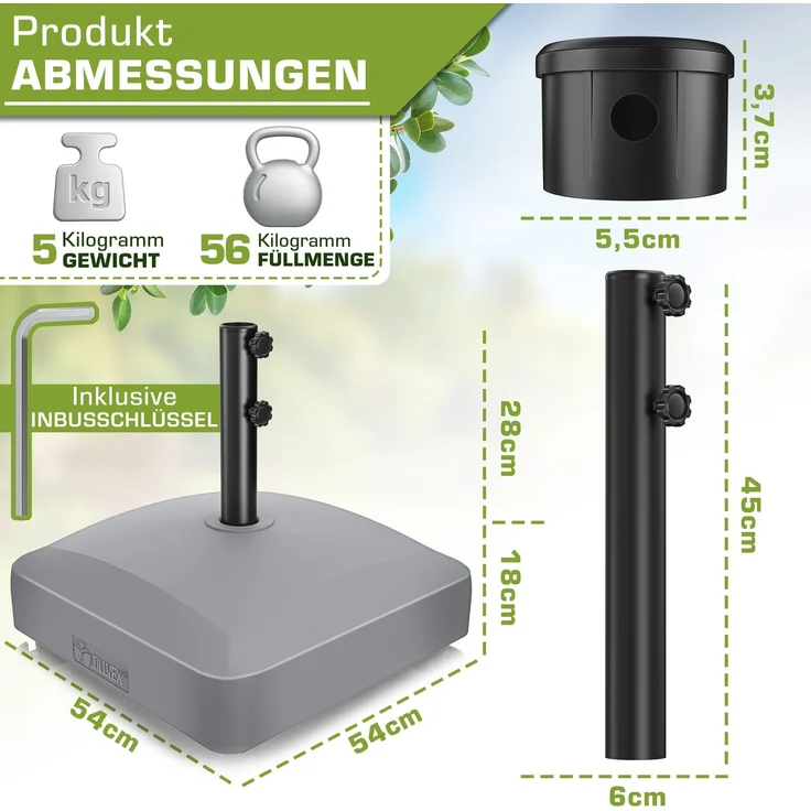 tillvex® Sonnenschirmständer PAVERA mit Rollen & Bremsen Grau | Schirmständer befüllbar 37 Liter / 56 kg | Schirmgewicht Sonnenschirm & Marktschirm Ø 1,8-3,7m | Ampelschirmständer wetterfest – Bild 3