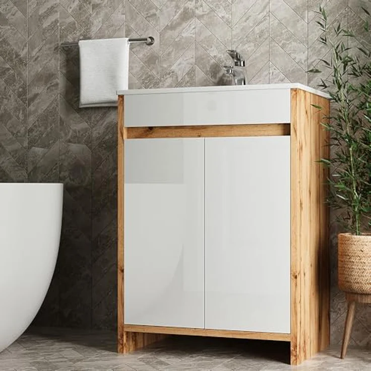 Vicco Waschbeckenunterschrank Lemgo, Badmöbelset in Goldkraft-Eiche mit weißem Hochglanz-Front und Keramikwaschbecken, 59,6 x 81,9 x 40 cm – Bild 2