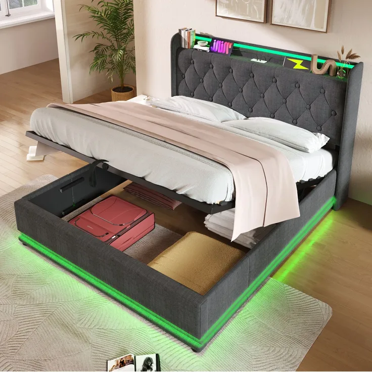 Polsterbett mit LED, USB-Anschluss & Stauraum, 140x190 cm, Grau, ohne Matratze
