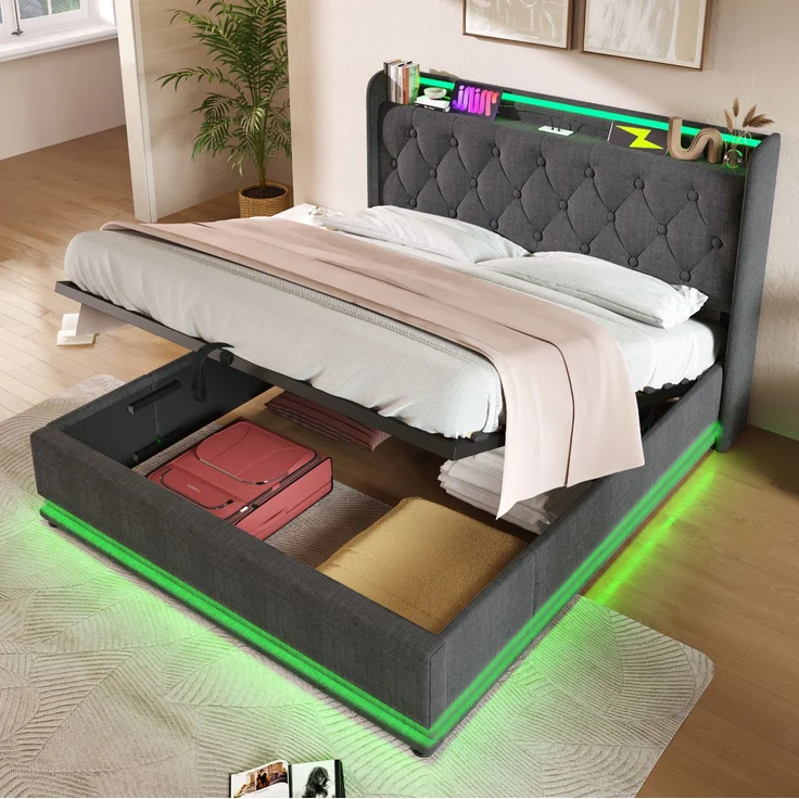 Polsterbett mit LED, USB-Anschluss & Stauraum, 140x190 cm, Grau, ohne Matratze – Bild 1