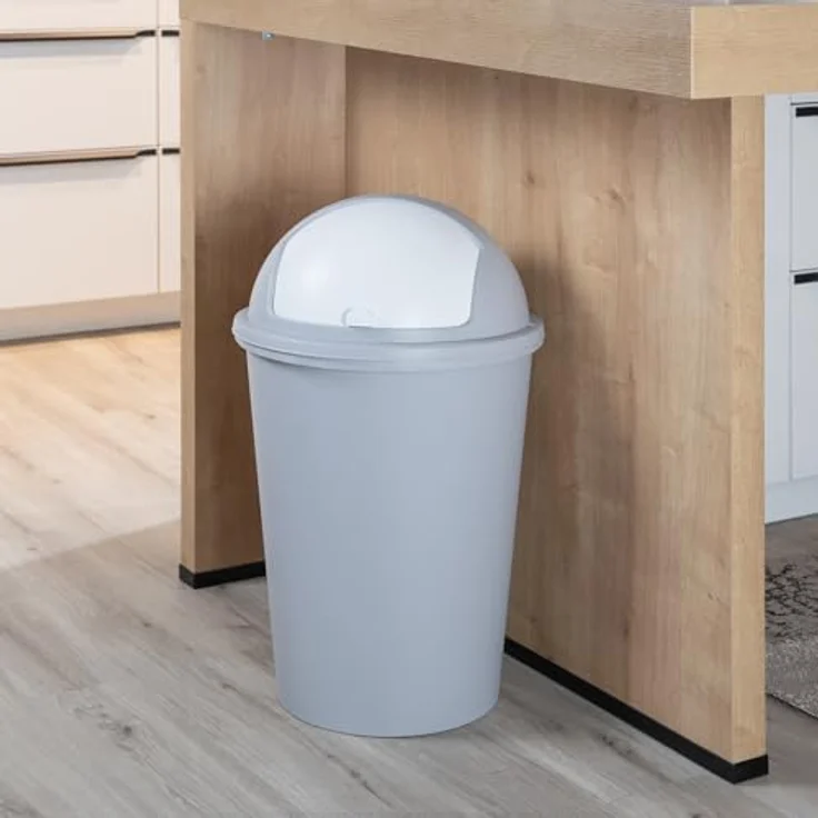 Home4You Mülleimer mit Schiebedeckel, 50 Liter Fassungsvermögen, Kunststoff, Weiß/Grau, ideal für Küche, Büro und Badezimmer – Bild 2