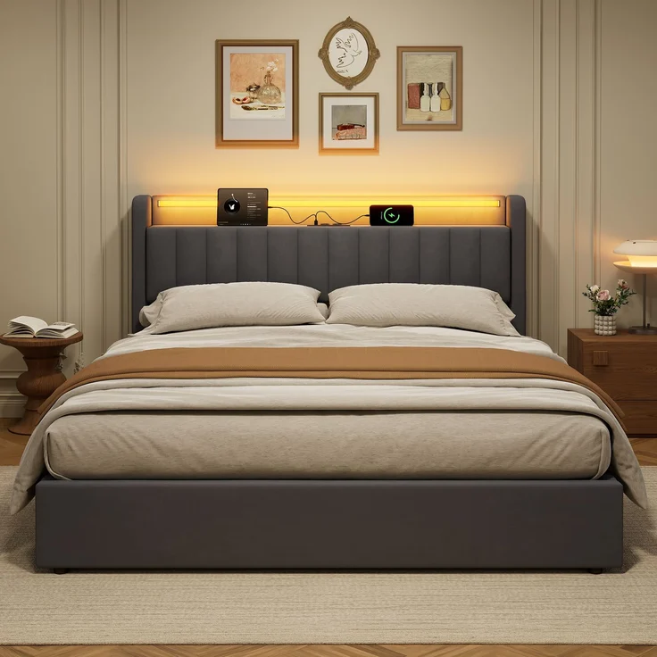 Polsterbett 180 x 200 cm aus Samt mit integriertem Stauraum, USB-Anschluss und LED-Beleuchtung, Dunkelgrau – Bild 1