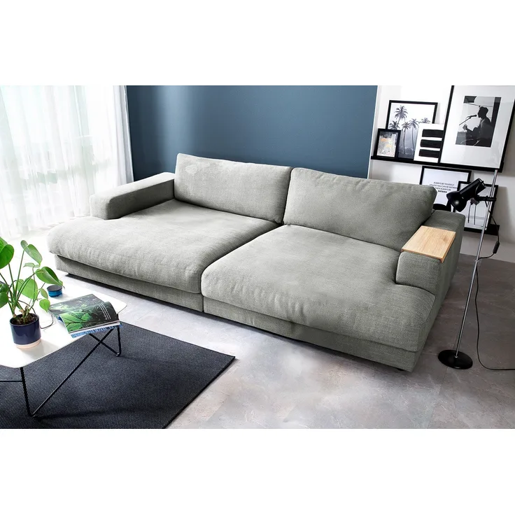 KAWOLA Big Sofa XL MADELINE mit Holztablett natur für Armlehne Stoff silber 85 x 190 x 290 cm