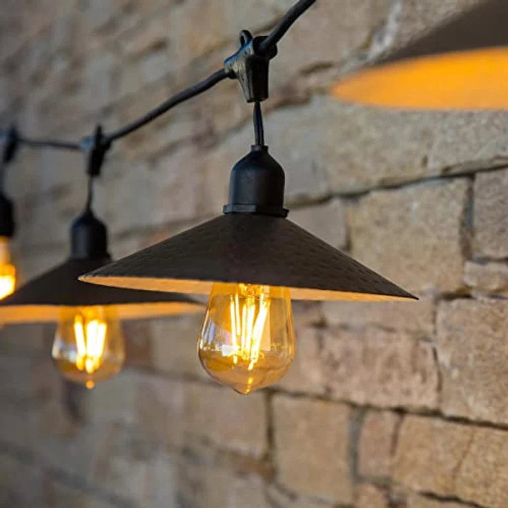 Lumisky VINTY LIGHT SOLAR Solar-Lichterkette für Außenbereich, 10 E27-LED-Glühbirnen warmweiß, 6 m, Vintage-Stil mit Stahl-Lampenschirmen, spritzwassergeschützt (IP44) – Bild 4